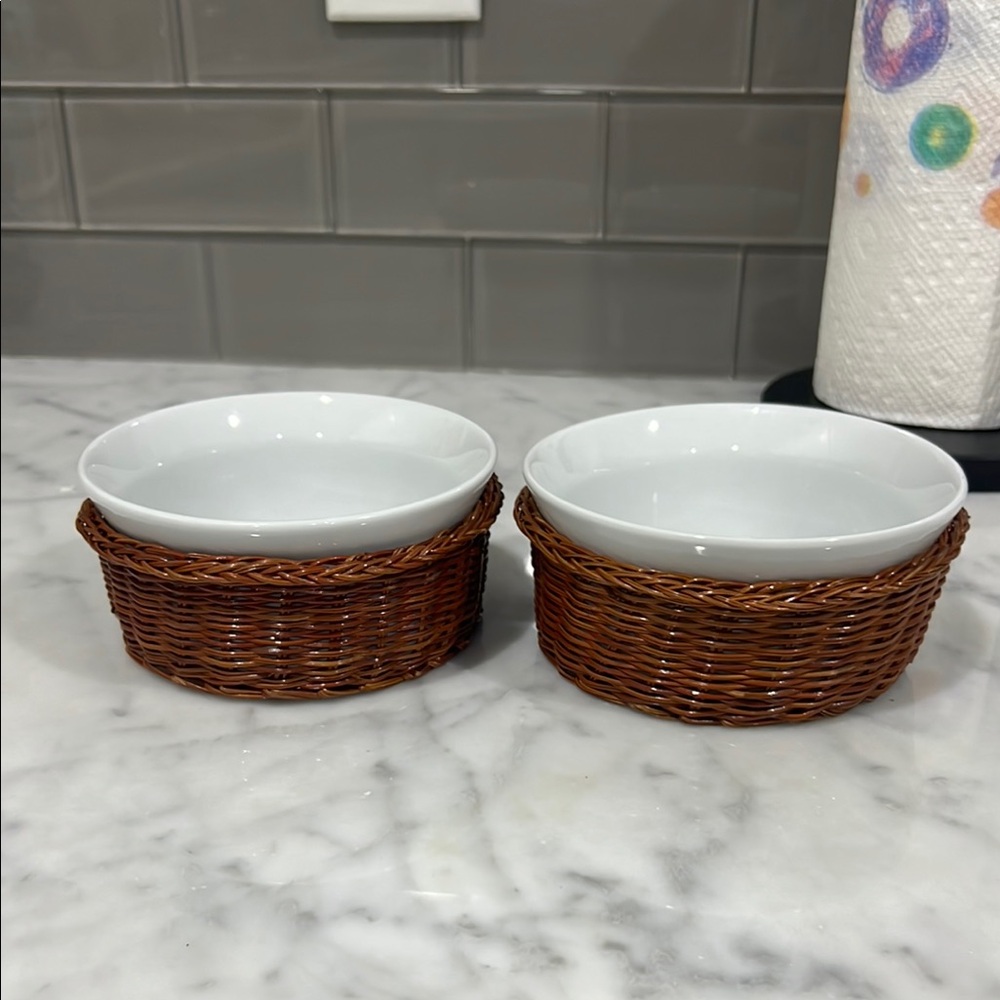 Vintage White Ceramic Bowls with Brown Wicker Holders